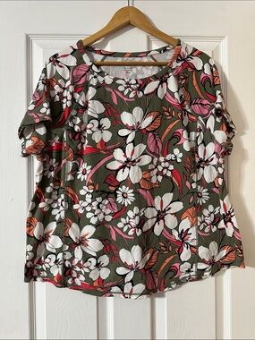 Talbots Olive Floral Short Sleeve Blouse with Pink & White Accents